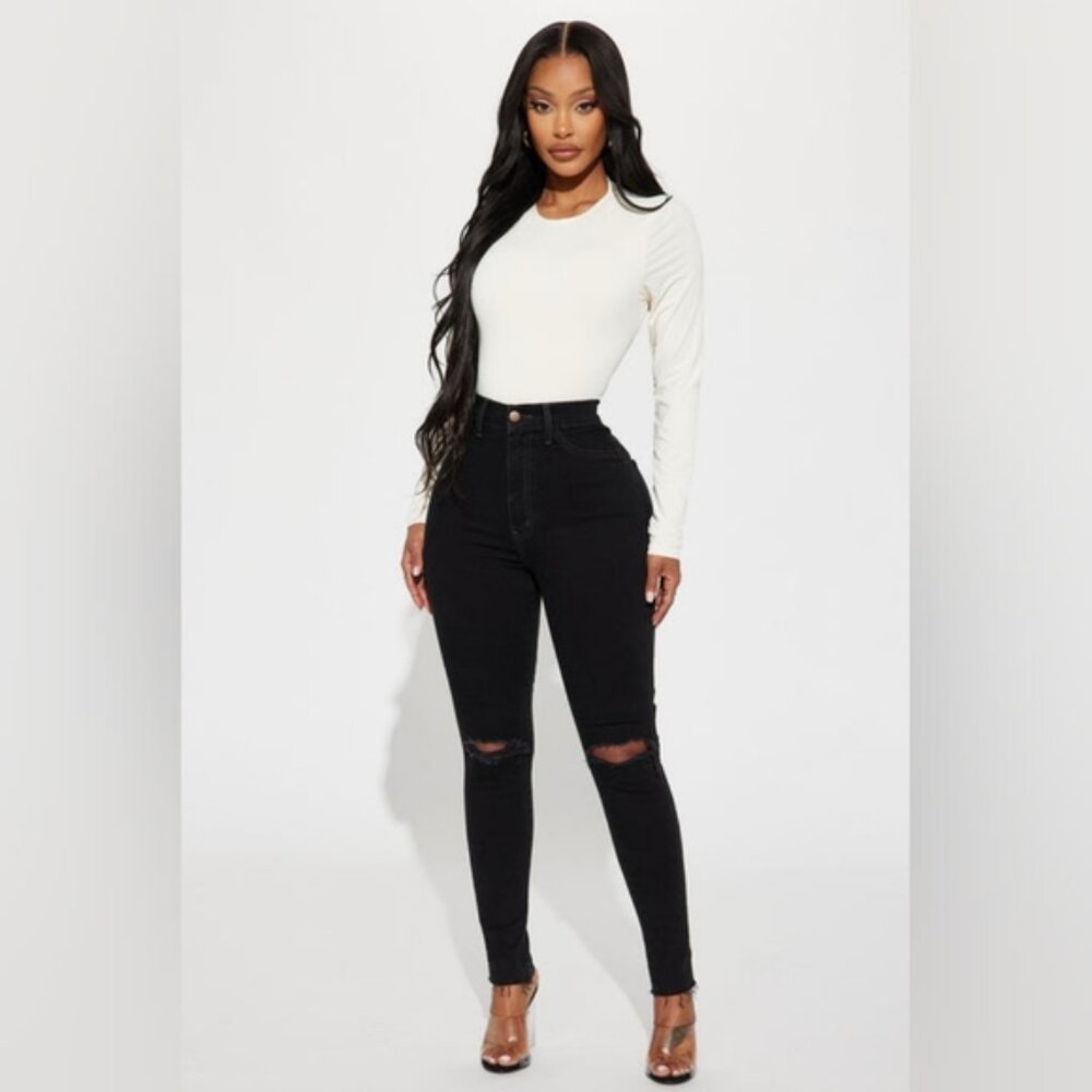 Fashion Nova Ripped Knee Skinny Jeans High Waist Black Distressed Denim Size 9